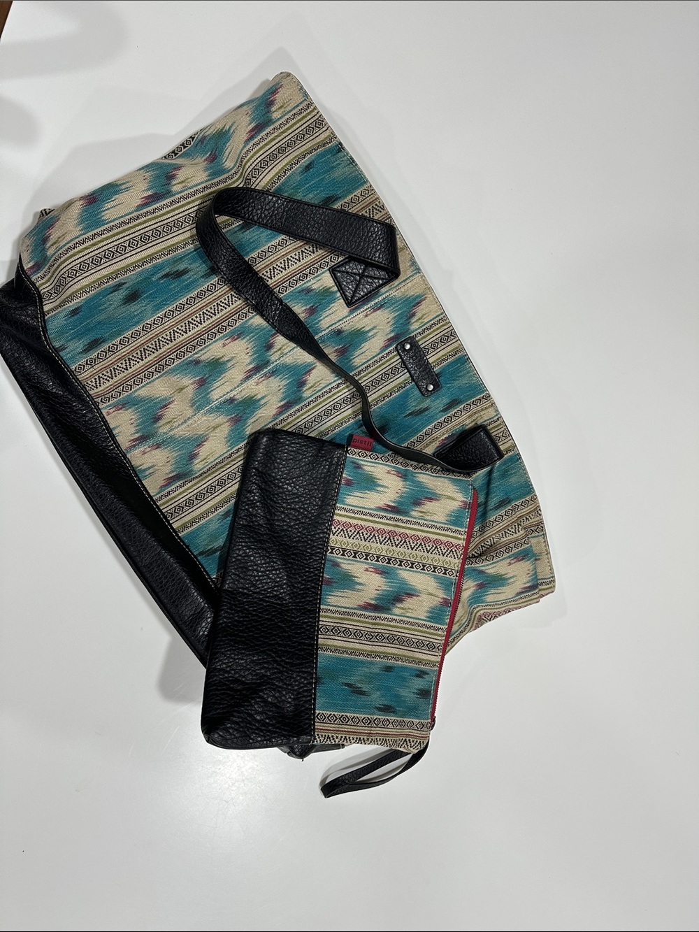 Pistil Patterned Canvas Tote & matching purse. Black Trim - Teal & Cream